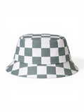 Green and white checkered bucket hat with a wide brim on a white background.