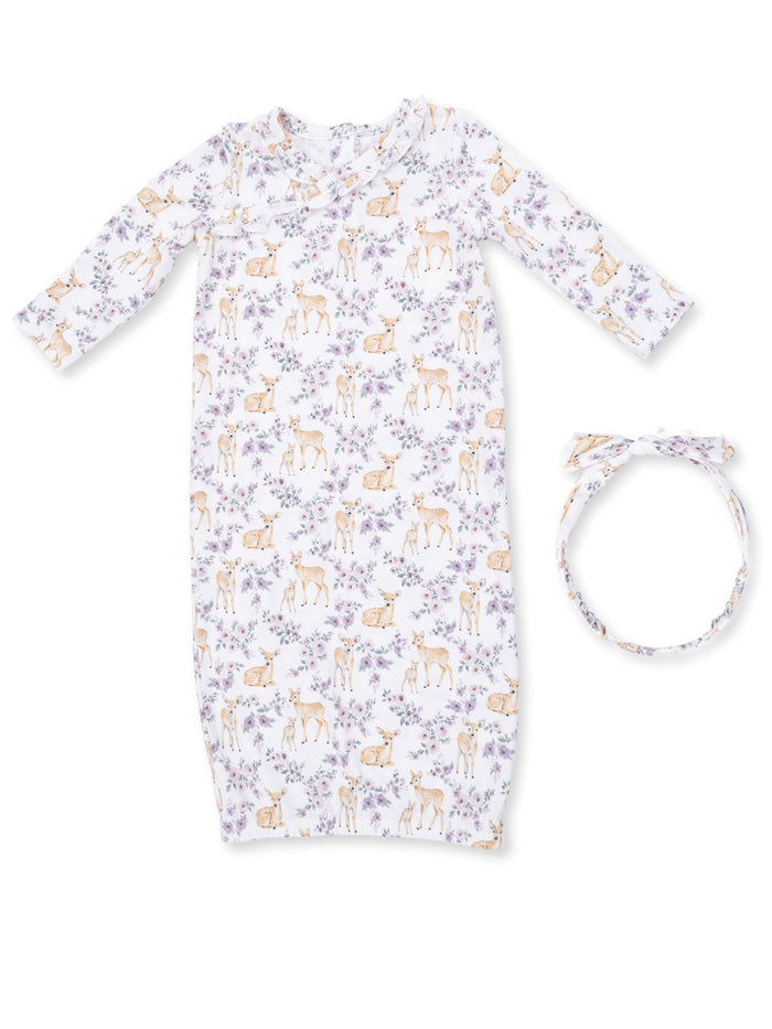Infant gown and matching headband in floral and deer print, perfect for comfortable baby outfits.