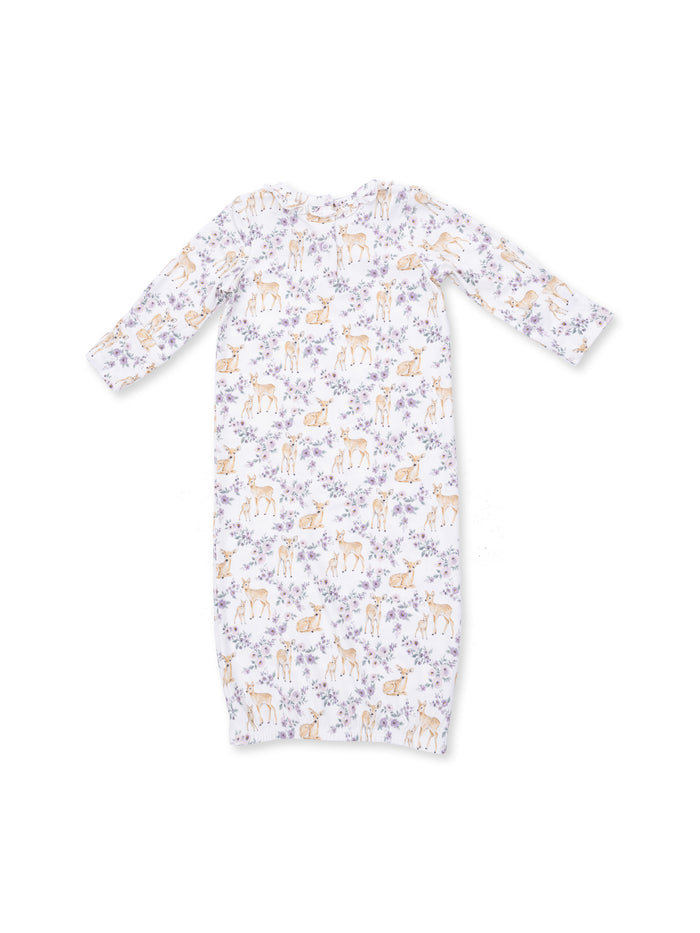 Long-sleeve baby gown featuring a playful deer and floral pattern on a white background.