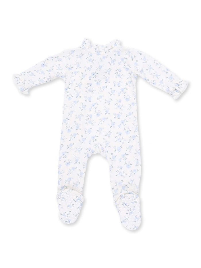 Baby onesie with floral pattern in soft white and blue, featuring long sleeves and footed design.