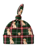 Green plaid beanie with cute puppy prints and a knot at the top. Perfect for dog lovers.