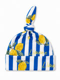 Blue and white striped beanie with lemon print and the word "Limone" in yellow text.
