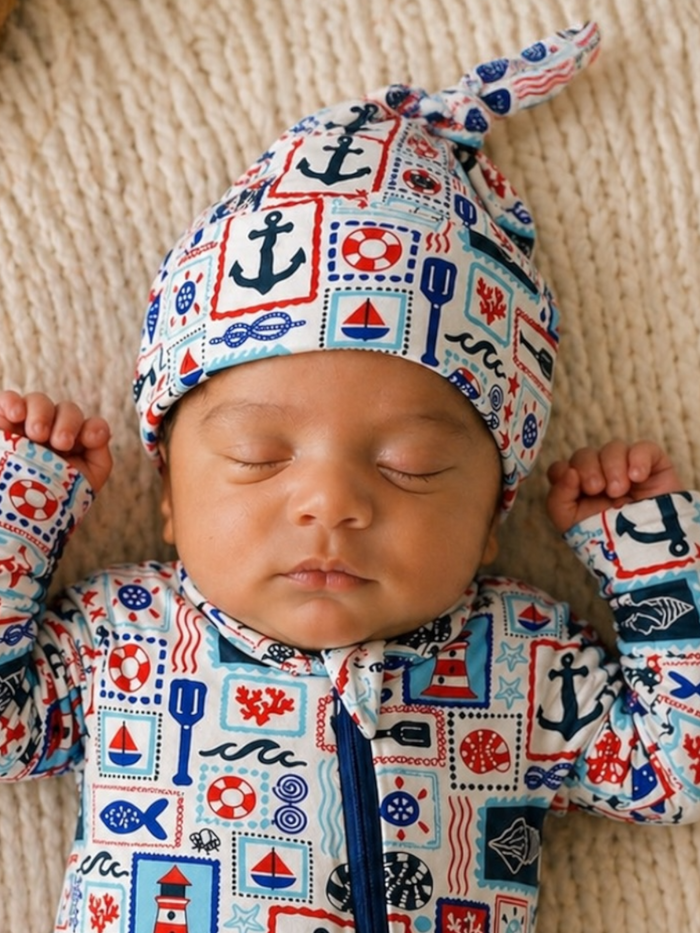 Sleeping baby in a nautical patterned onesie and hat, resting peacefully on a textured blanket.