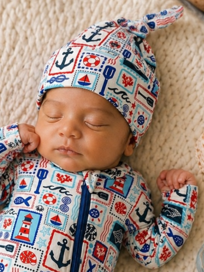 Infant sleeping in a nautical-themed outfit with a patterned hat on a cozy blanket.