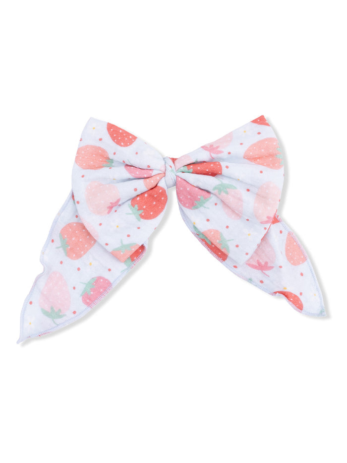 Strawberry patterned hair bow with a large, decorative design on a light background.
