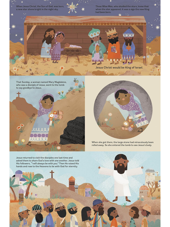 Illustration of Jesus’ birth, Visit from Wise Men, Mary Magdalene at the tomb, and Jesus with His disciples.