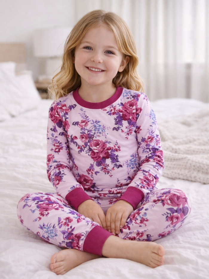 Smiling girl in floral pajamas sitting on a bed, showcasing a cozy and playful atmosphere.