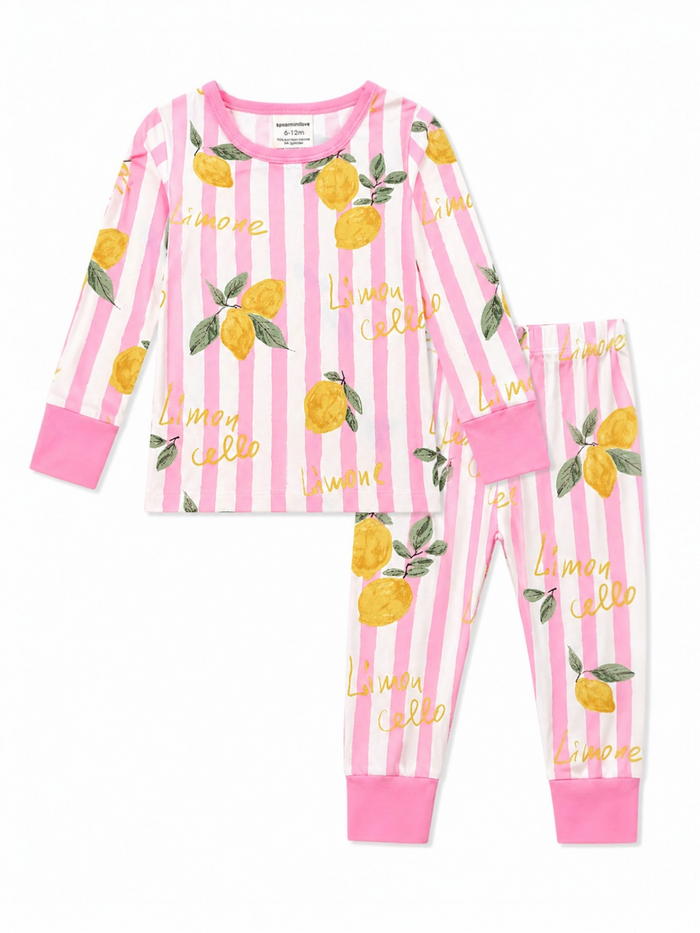Pink and white striped pajamas with lemon print and "Limone” text for infants, featuring long sleeves and matching pants.