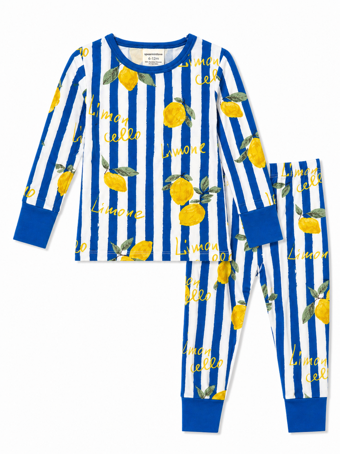 Blue and white striped pajama set with lemon print and "Limone" text, perfect for toddlers aged 6-12 months.
