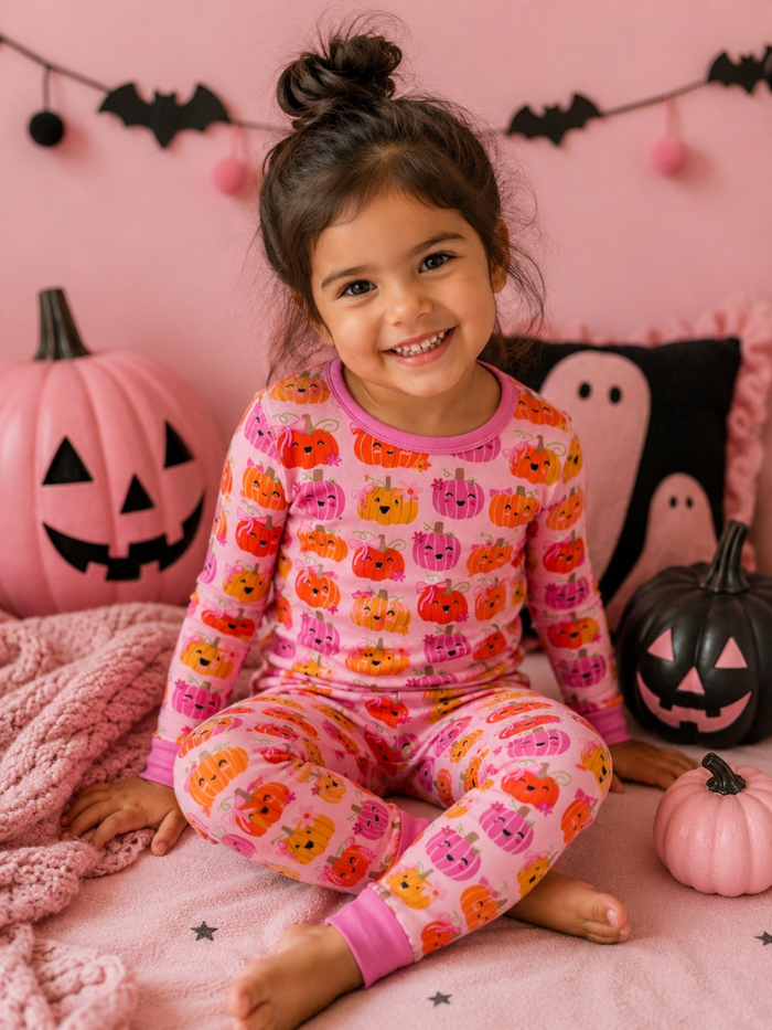 Smiling child in pumpkin pajamas, seated with Halloween decor and pumpkins on a pink background.