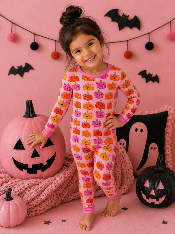 Smiling child in pumpkin pajamas poses beside Halloween decorations against a pink backdrop.