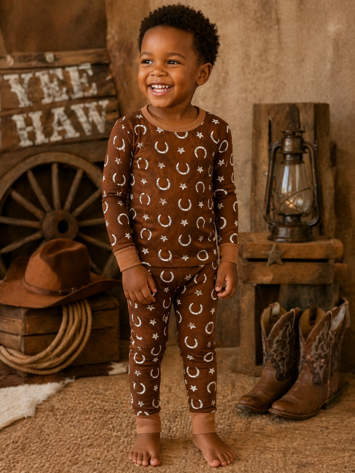 Smiling child in brown pajamas with stars and moons, standing in a rustic setting with cowboy boots and a lantern.