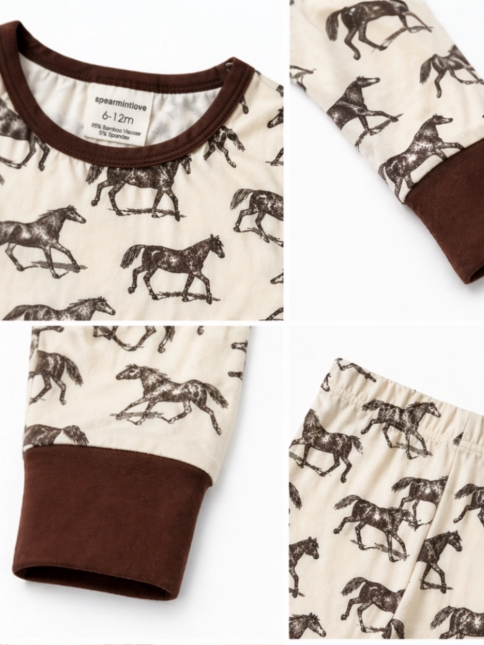 Beige baby outfit with horse prints, featuring a brown trim on the collar and cuffs. Size 6-12 months.