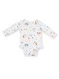 Long-sleeve baby bodysuit with a playful animal print design in soft colors on a light background.