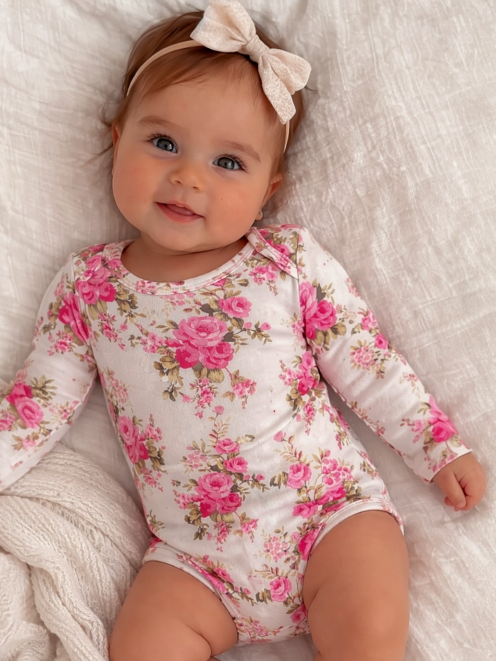 Smiling baby girl in a floral onesie with a bow, lying on a soft blanket.
