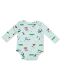 Light blue baby onesie with fun golf-themed prints featuring cute, animated golfing ice cream characters.