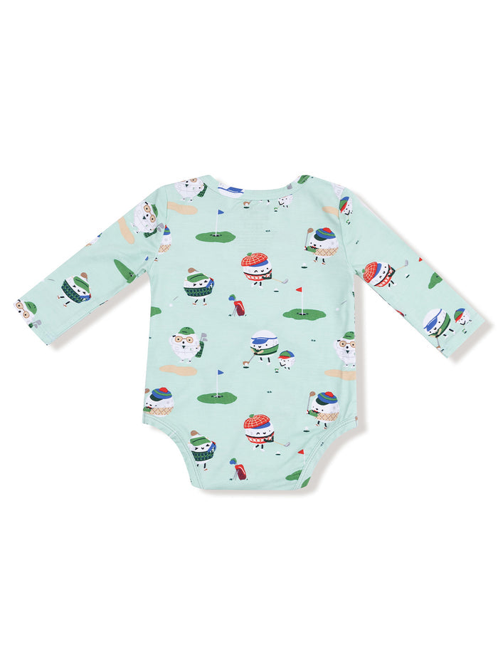 Light blue baby onesie with whimsical golf-themed prints and long sleeves. Ideal for infants.