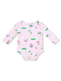 Pink long-sleeve onesie with cartoon ice cream and golf-themed patterns.