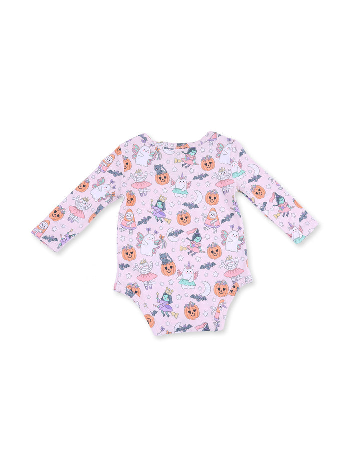 Light pink long-sleeve onesie with fun Halloween-themed cartoon prints of ghosts, pumpkins, and whimsical characters.