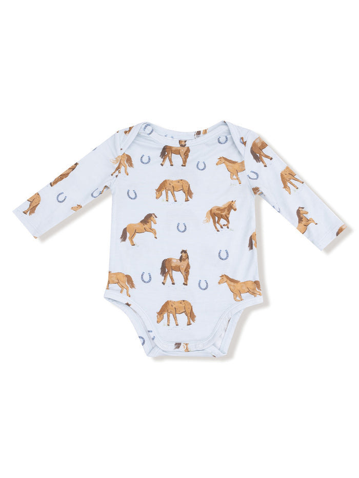Light blue baby onesie featuring playful horse and horseshoe prints. Ideal for young horse lovers.