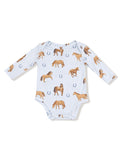 Light blue baby onesie featuring playful horse and horseshoe prints. Ideal for young horse lovers.