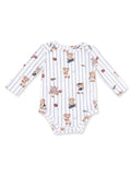 Long-sleeve infant onesie featuring playful teddy bear prints and vertical stripes in white and blue.
