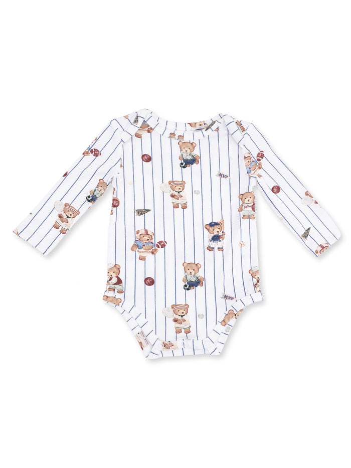 Long-sleeve infant onesie featuring playful teddy bear prints and vertical stripes in white and blue.
