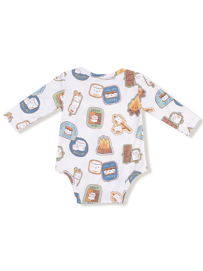 Baby onesie featuring playful s'mores-themed graphics and cartoon marshmallow characters.