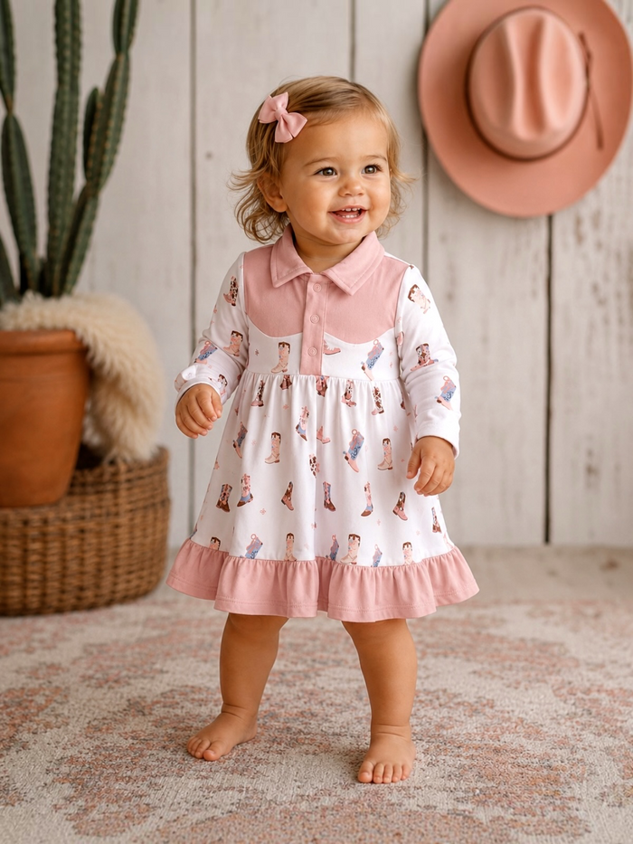 Smiling toddler in a playful dress stands on a rug, with a plant and pink hat in the background.