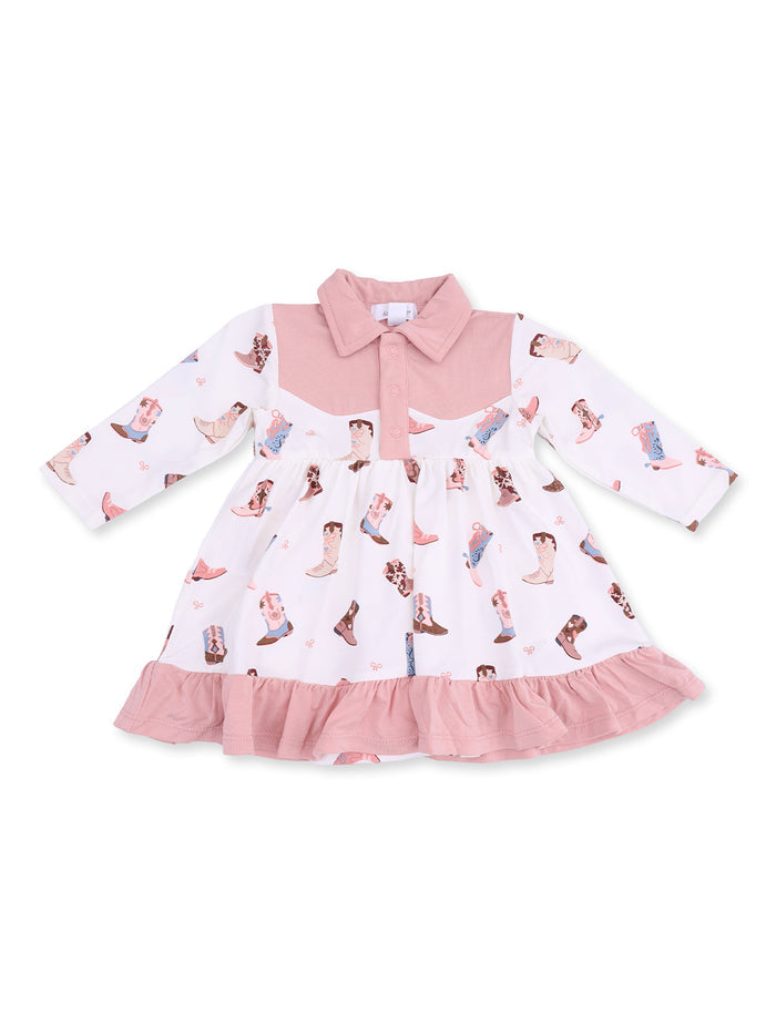 Pink and white dress with western boot patterns and ruffle hem, featuring a collared neckline and long sleeves.