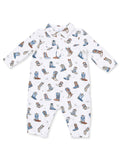 White onesie with a colorful cowboy boot pattern and a collared neckline, ideal for infants.