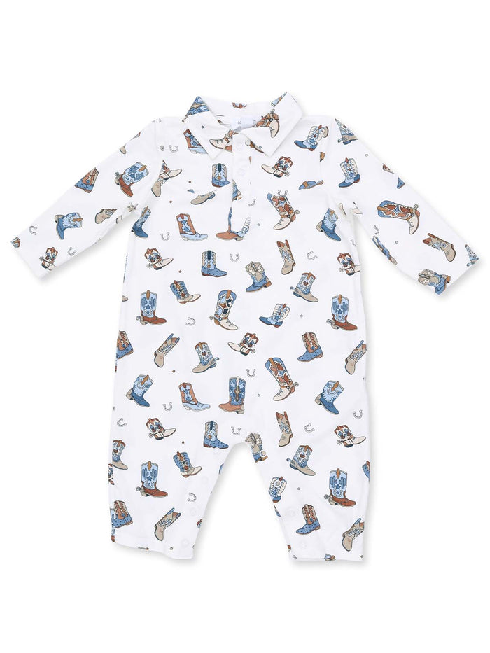 White onesie with a colorful cowboy boot pattern and a collared neckline, ideal for infants.