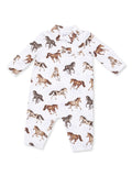 White baby romper with brown and gray horse patterns throughout. Long sleeves and collared design.