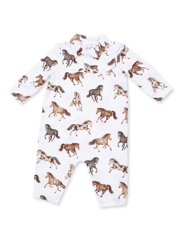 White baby romper with brown and gray horse patterns throughout. Long sleeves and collared design.