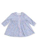Blue floral dress with long sleeves and a round collar, featuring white, pink, and yellow flowers.