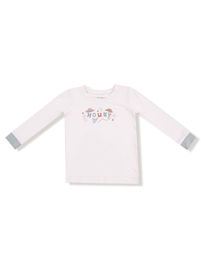 White long-sleeve shirt with "Howdy" graphic and gray cuffs. Perfect for casual wear.