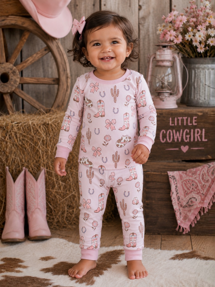 Smiling toddler in pink cowboy-themed pajamas, standing on a rustic wooden floor with cowboy boots and decorations.