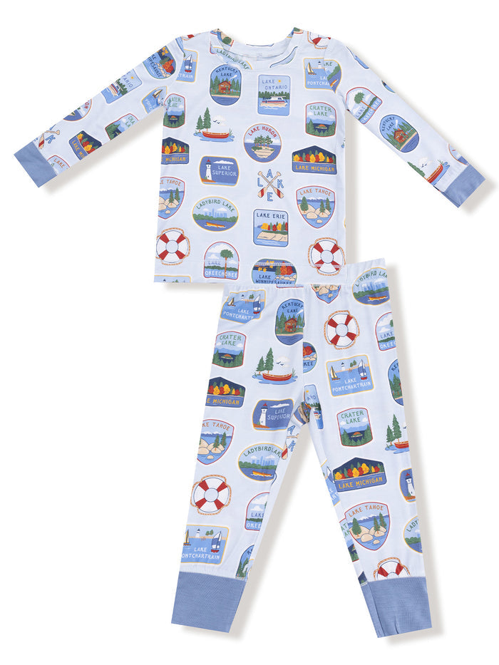 Children's pajamas featuring colorful lake-themed prints and patterns in various shapes and sizes.