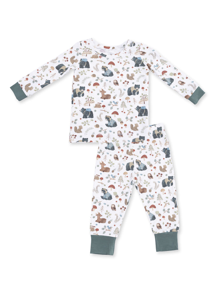 Children's pajama set featuring playful animal and nature designs in soft, breathable fabric. Ideal for cozy sleep.