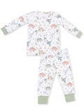 Dinosaur-themed children's pajama set with long sleeves and pants, featuring playful pastel colors and patterns.