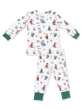 Kids' pajama set featuring playful ski-themed animal prints in bright colors on a white background.
