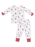 Children's winter-themed pajamas with playful animal prints and red accents.