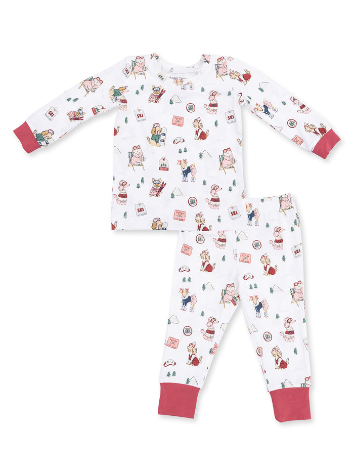 Children's winter-themed pajamas with playful animal prints and red accents.