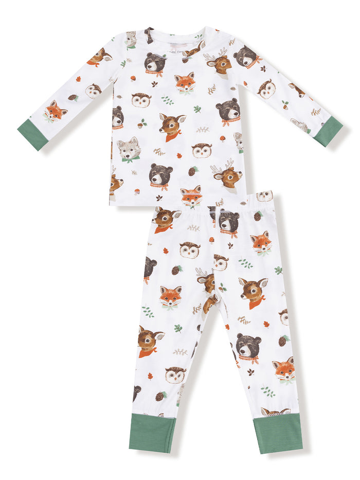 Kids' pajama set featuring animal prints of bears, foxes, and owls on a white background with green cuffs.