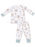 Cozy children's pajama set with illustrated woodland animals and nature-themed patterns on a white background.