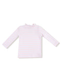 Pink striped long-sleeve t-shirt with a mock neck ruffle. Perfect for casual wear.