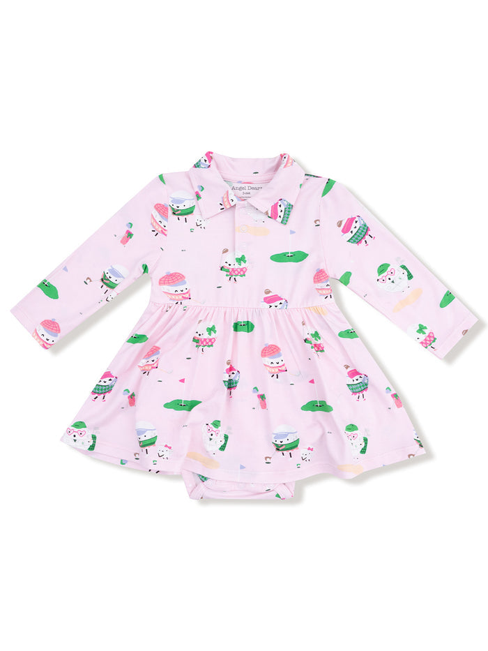 Light pink dress featuring playful ice cream and dessert patterns with long sleeves and a collar.