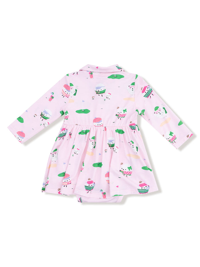Pink dress with long sleeves, featuring playful cupcake and ice cream prints on a light background.