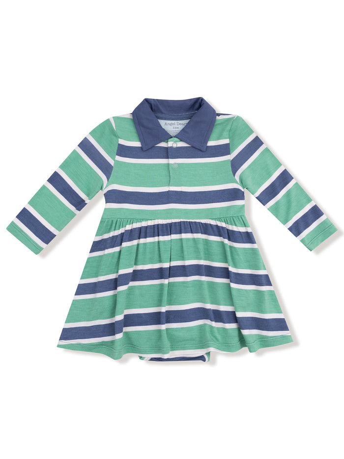 Striped long-sleeve dress in green, navy, and white with a collared neckline. Ideal for casual wear.