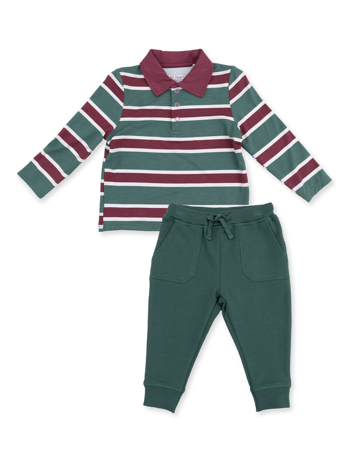 Striped long-sleeve polo shirt with green and burgundy stripes paired with green sweatpants.